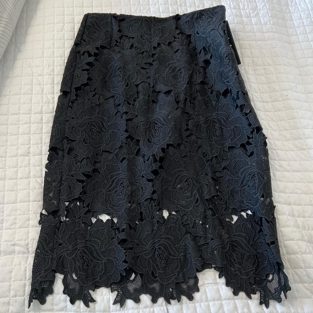 High waisted black lace midi skirt